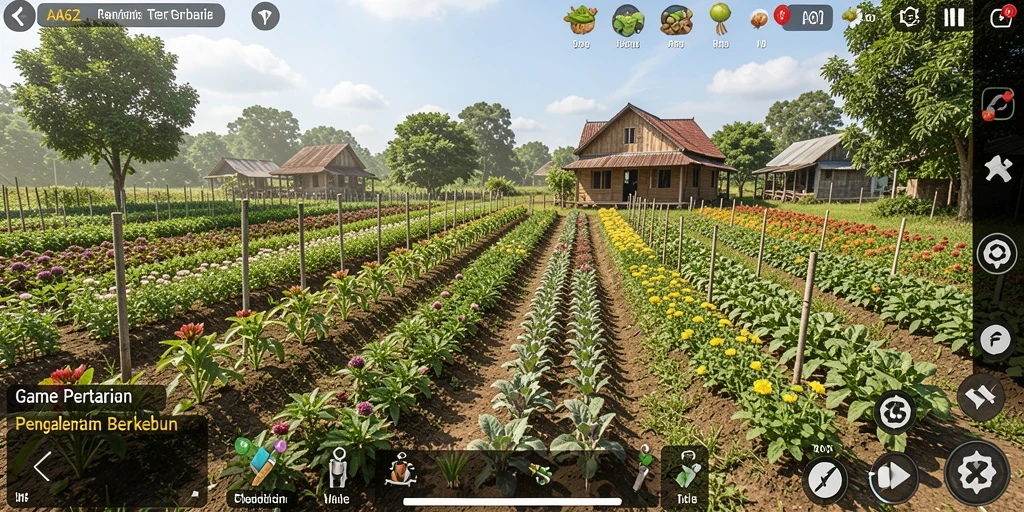 Tampilan gameplay yang menampilkan kesibukan di lahan pertanian virtual.
