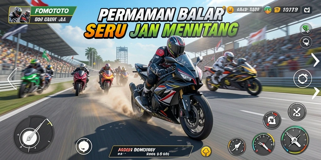 Screenshot gameplay FOMOTOTO menampilkan aksi balap motor yang mendebarkan.