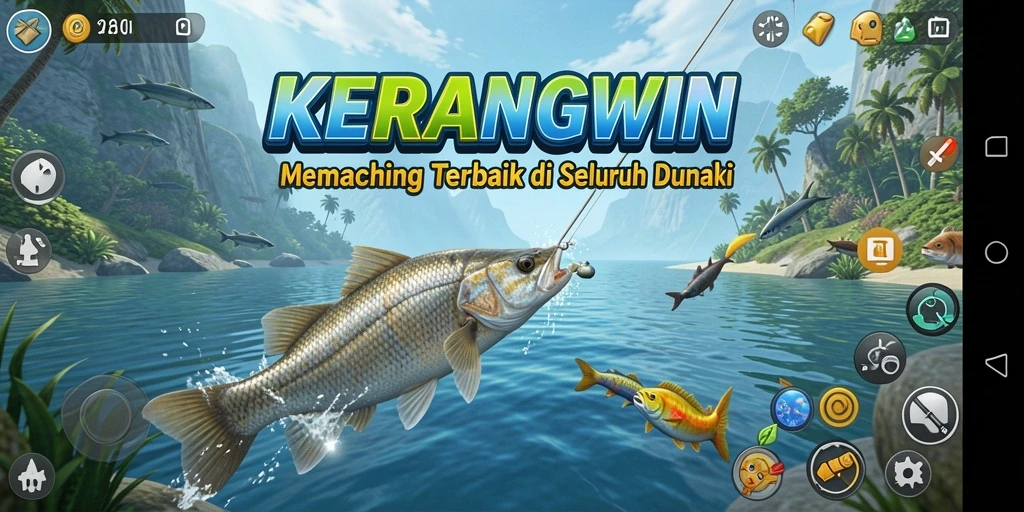 Tampilan gameplay KERANGWIN dengan lokasi memancing yang menakjubkan.