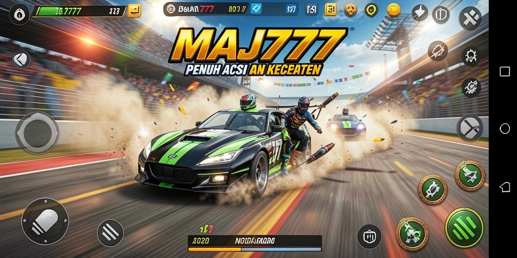 Tampilan gameplay mendebarkan di <strong>MAJ777</strong>, dengan mobil balap melaju cepat.