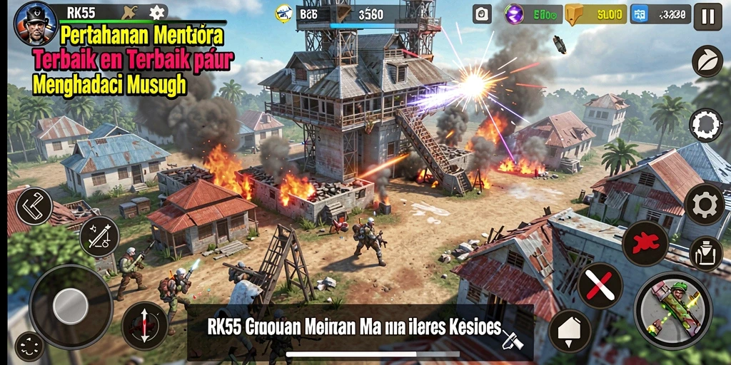 Screenshot utama RK55 menampilkan aksi seru pertahanan menara.