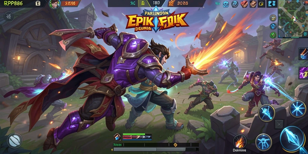Screenshot dari gameplay RP886 menampilkan pertarungan antara tim di arena MOBA.